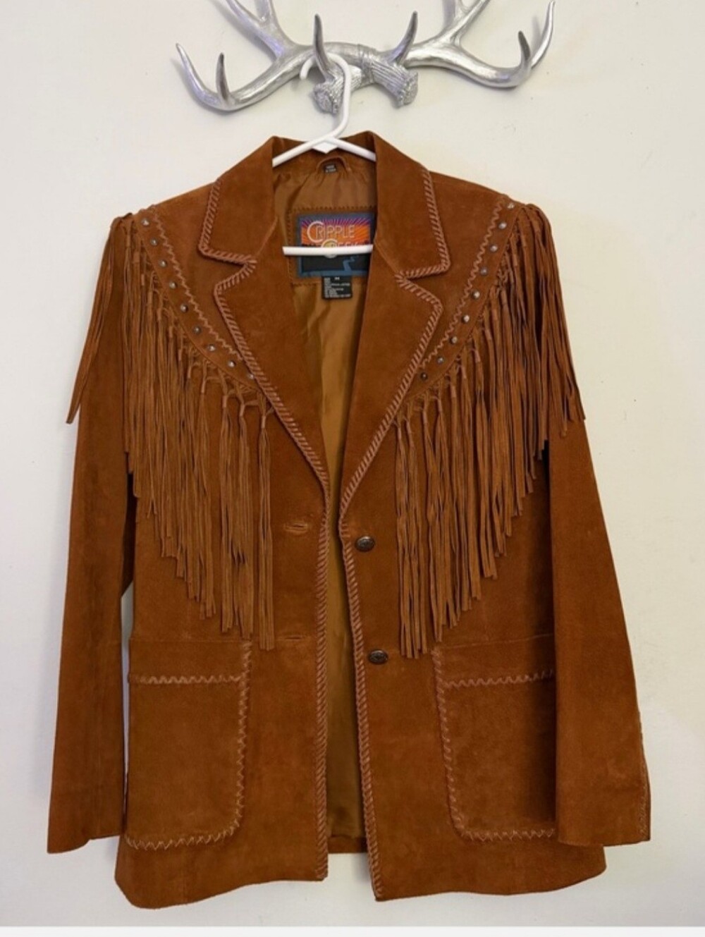 Beautiful  Cripple Creek Cinnamon Brown Suede Leather Fringe Jacket Coat